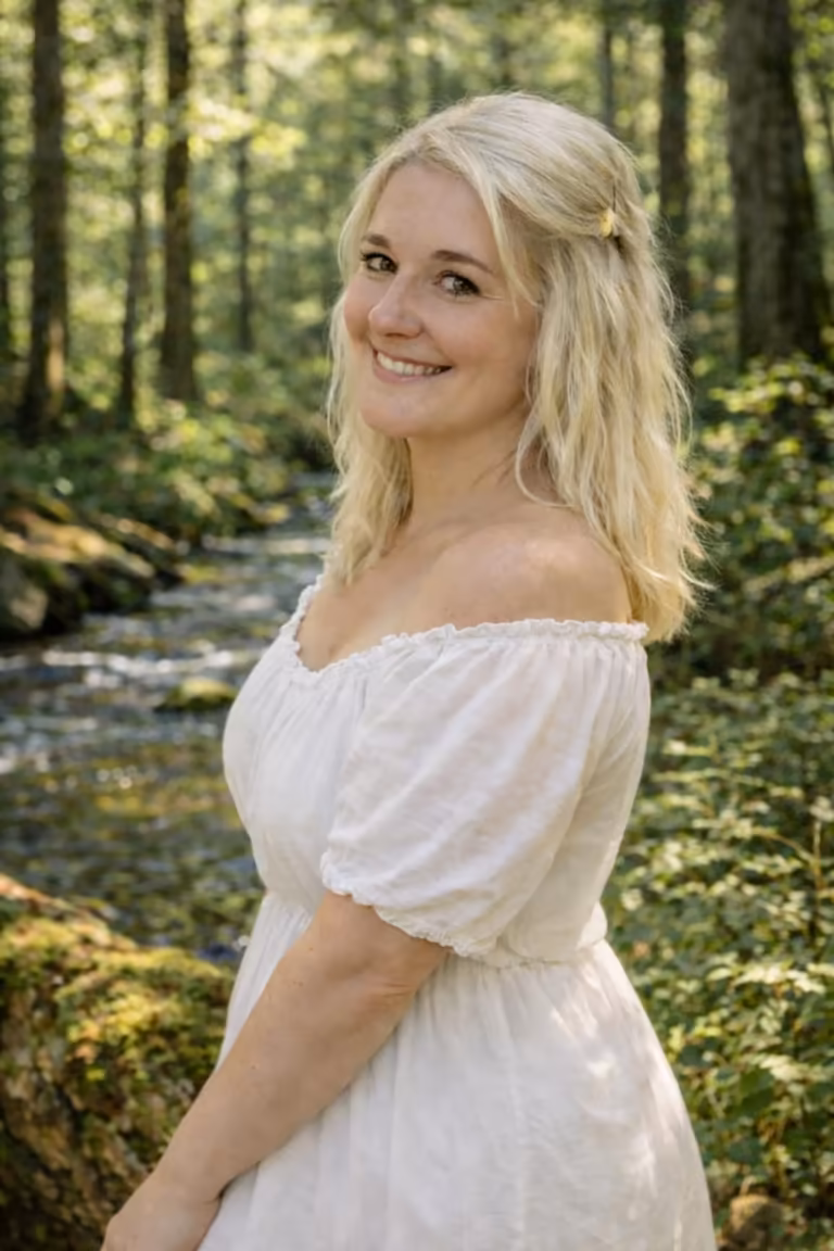 Tóbiás-Mohácsi Rebeka egy erdei patak partján
